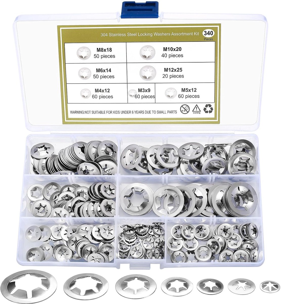 340 stuks interne tandringen, snelle snelheidsvergrendeling push-on-clips snelheidsclips bevestigingsmiddelen sluitringen assortimentskit - M3, M4, M5, M6, M8, M10, M12