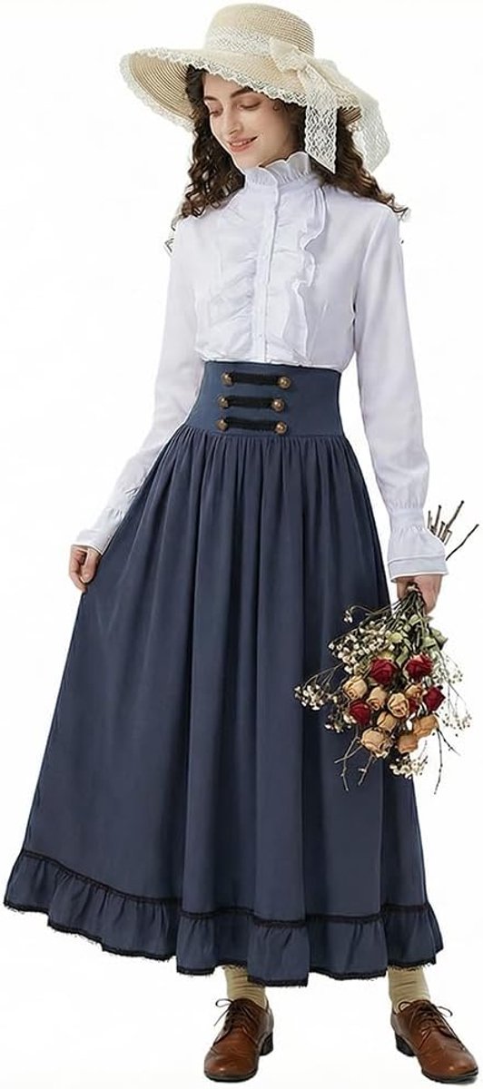 Middeleeuwse jurk met ruches – damespak in Franse stijl (blouse + vintage rok met hoge taille) – casual zakelijke set voor op kantoor