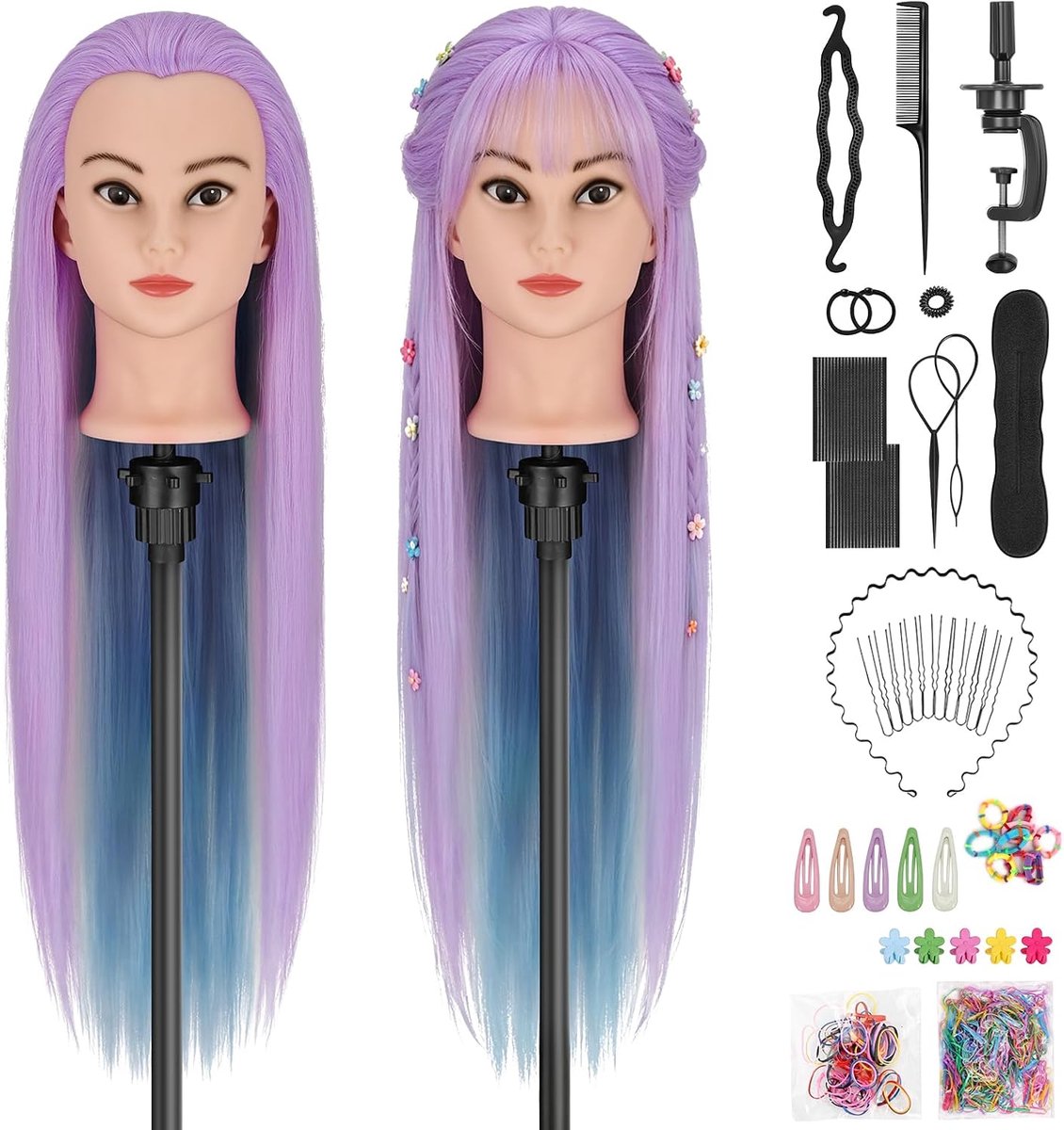 74 cm kappershoofd, 100% synthetische vezelhaar, stylinghoofd, oefenhoofd, poppenhoofd, stylinghoofd, trainingskoppen voor kapper, mannequinhoofd met tafelklem + doe-het-zelf vlechtset (paars +