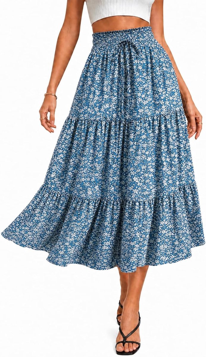 Bloemenrok voor Dames, Zomerse Boho Midi Rok met Volants, Elastische Taille, Licht en Zwierig, Casual Strandrok