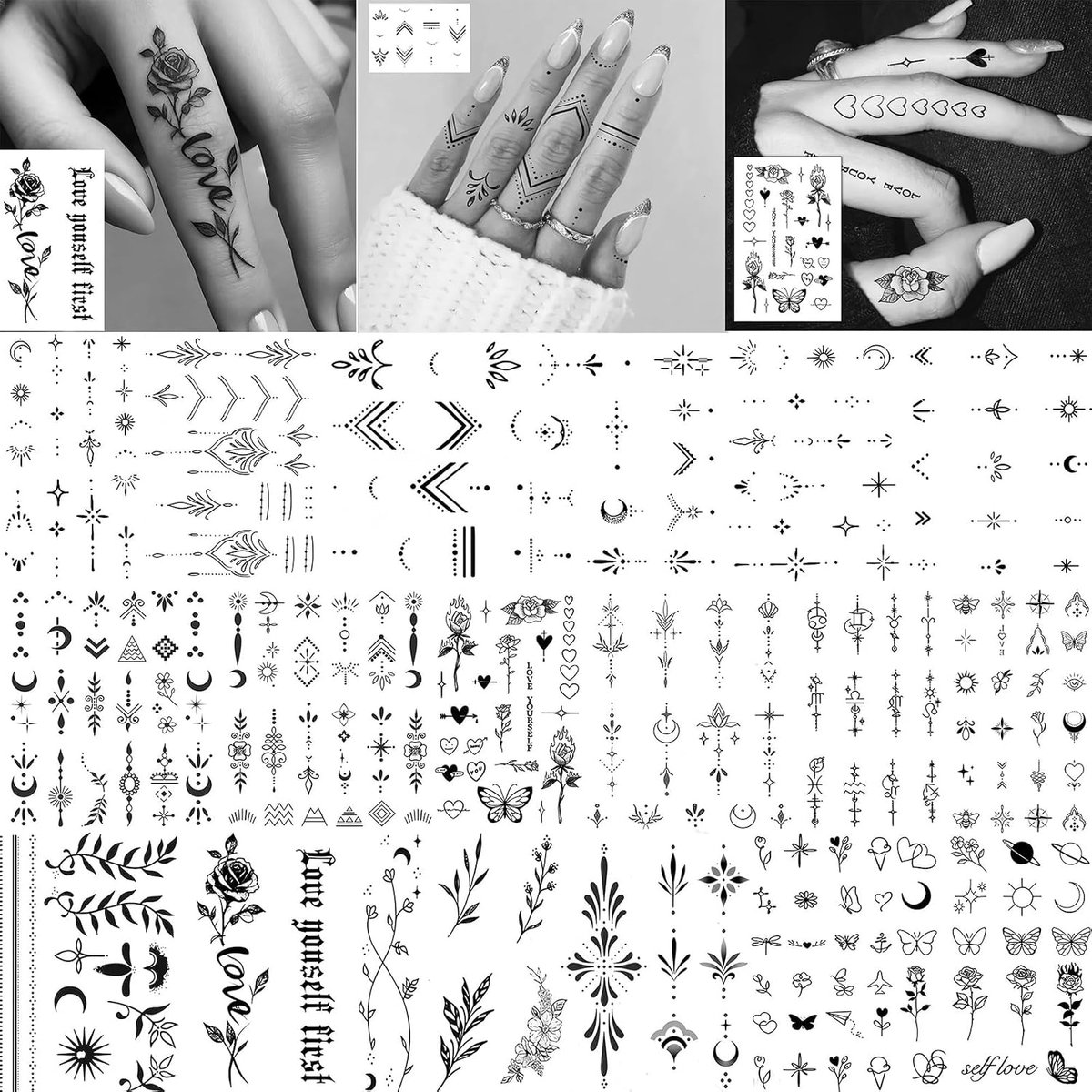 18 Pcs Y2K-tatoeages met geometrische lotus- en pijlpictogrammen voor mannen, vrouwen en volwassenen, voor vingers en handen; waterbestendige, realistische mini-tatoeages met rozenbloemen