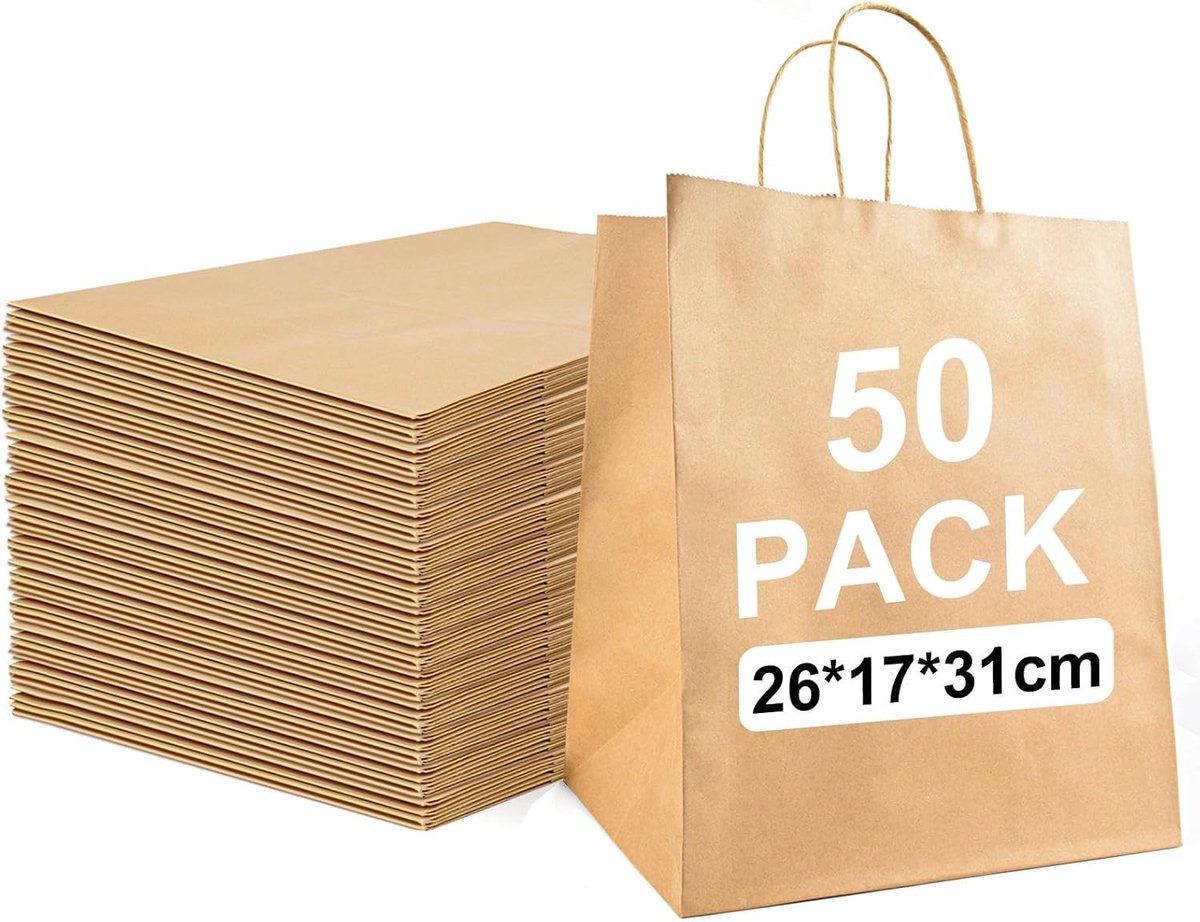 50 stuks bruine papieren zakken met handvatten, 130GSM (26 × 17 × 31 cm), grote kraftpapier-draagtassen voor zaken, detailhandel, winkelen en geschenken