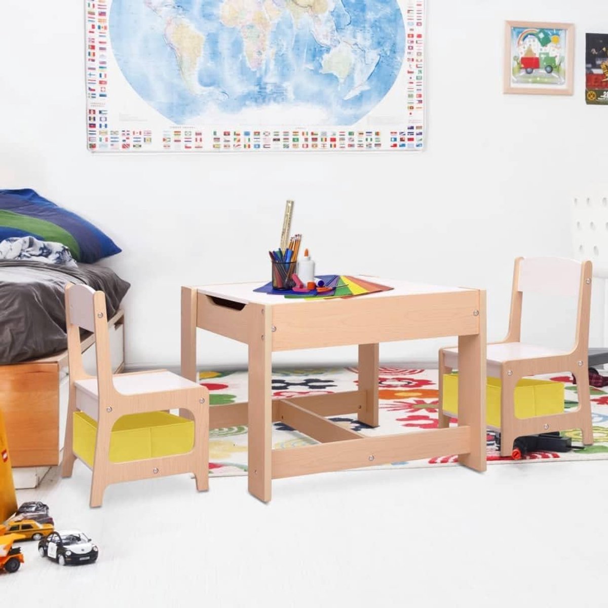 Kindertafel met 2 stoelen, set MDF, kindermeubelgroep voor speelkamer, schilderen, knutselen, bruin
