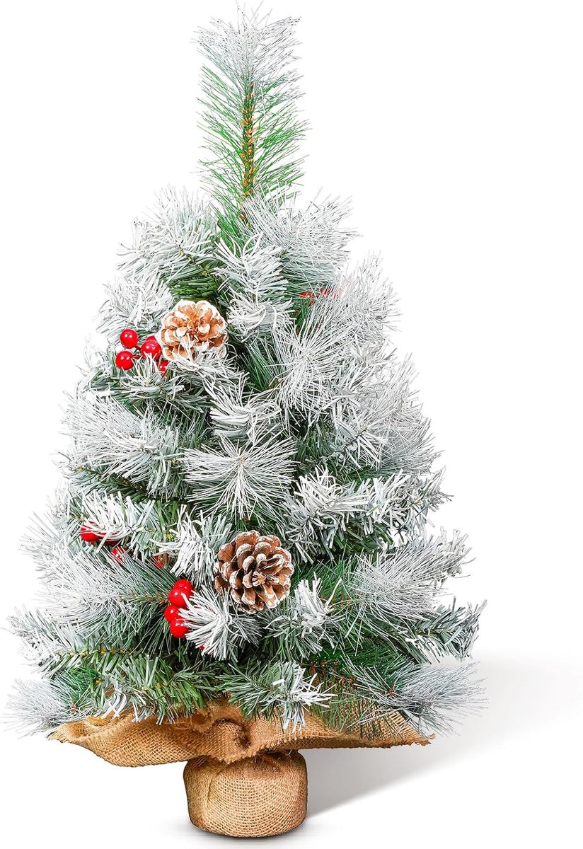 Himaly Kunstkerstboom, 60 cm, klein, met sneeuwvlokkendecoratie, dennenappels, rode bessen, dennenbladeren, 80 punten, linnen katoen en cementbasis voor feestelijke sfeer