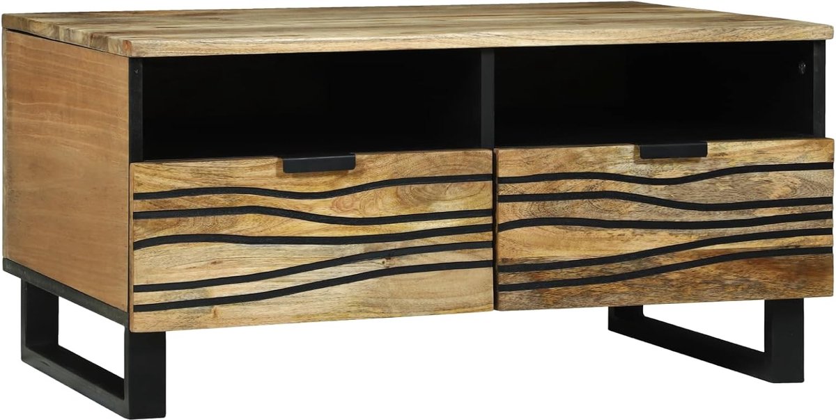 Salontafel van massief mangohout met metalen frame, 110 x 55 x 40 cm, robuuste constructie en royale opbergruimte, drie laden met elegant golfpatroon, praktisch