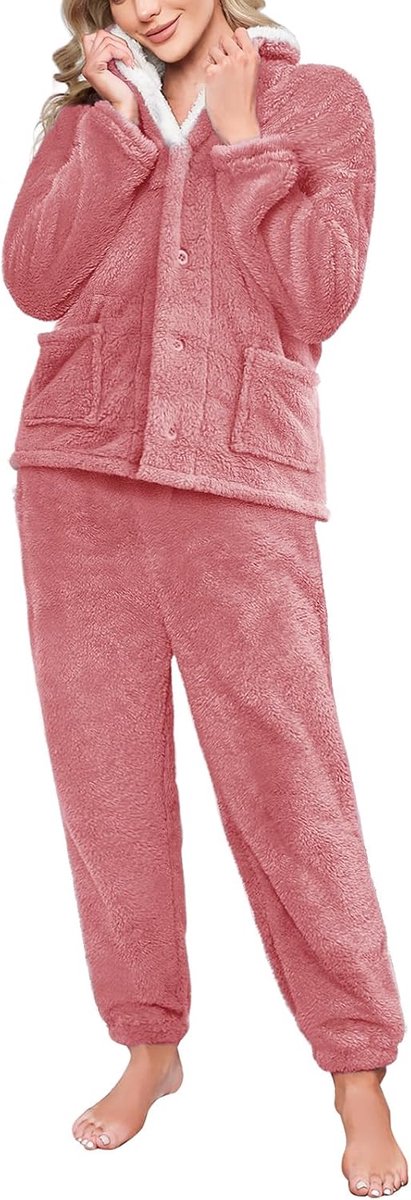 Pyjama voor dames winter pluizige fleece pyjama 2-delige pluizige pyjama sets dames loungewear lange mouwen nachtkleding pluche warme nachtkleding reverskraag trui met knoop zakken
