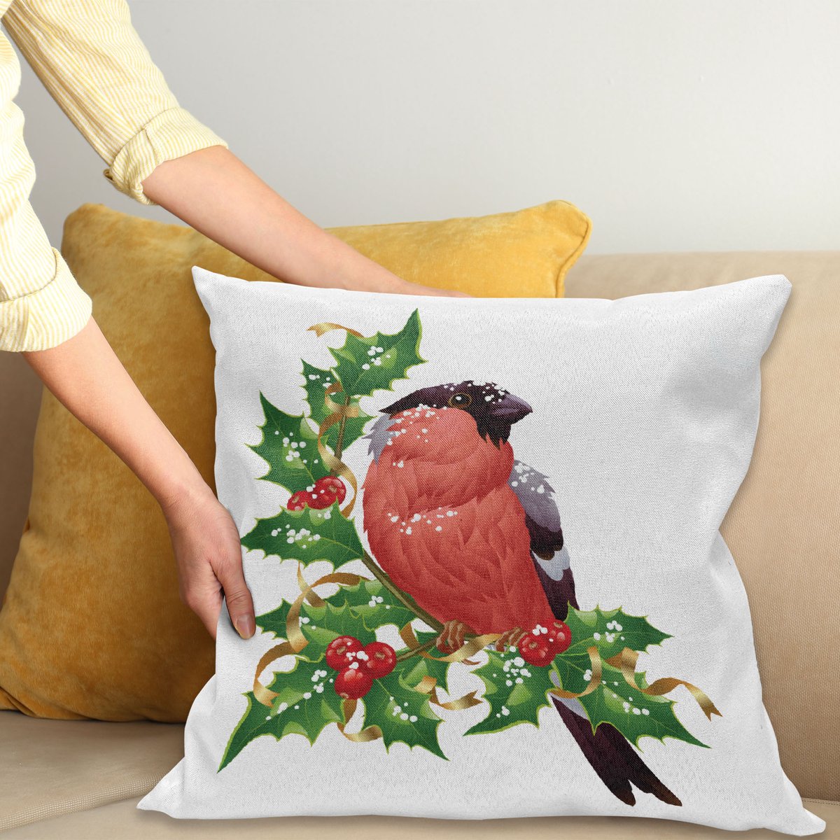 ABAKUHAUS Vogels Sierkussenhoes, Bullfinch Vogel Sitting op een Holly Berry Tak in Winter Christmas Thema Illustratie, Decoratieve Vierkante Sierkussenhoes, 60 x 60 cm, Meerkleurig