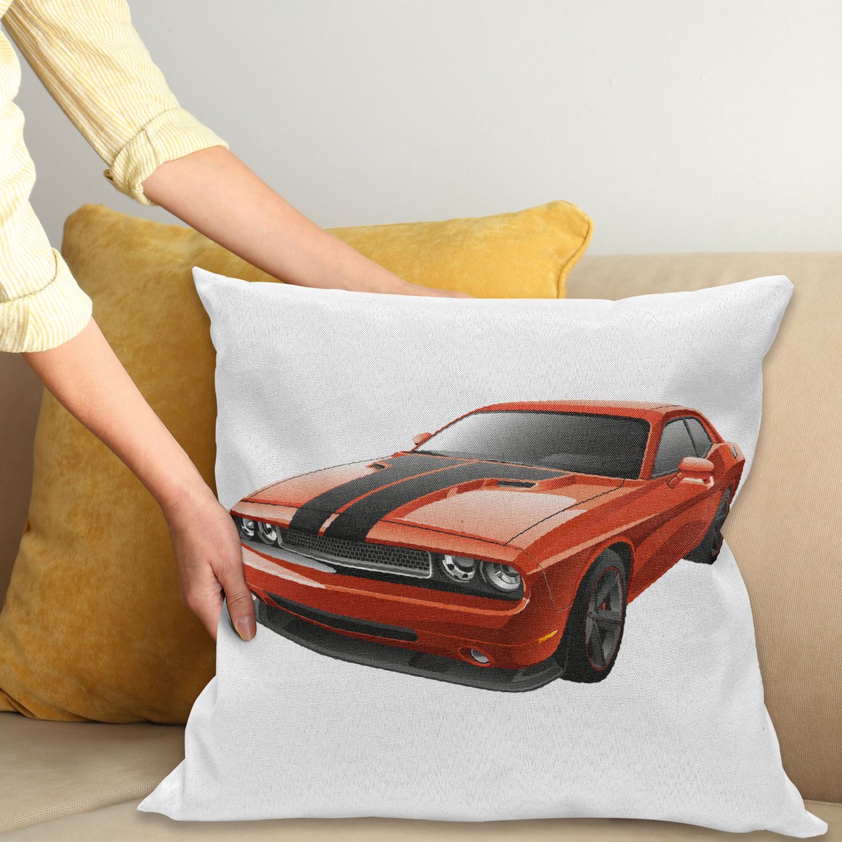 ABAKUHAUS Cartoon Sierkussenhoes, Modern Muscle Auto Exotisch Sport Hobby Activity Leisure Concept Ontwerp, Decoratieve Vierkante Sierkussenhoes, 45 x 45 cm, Houtskool Grijs en Oranje