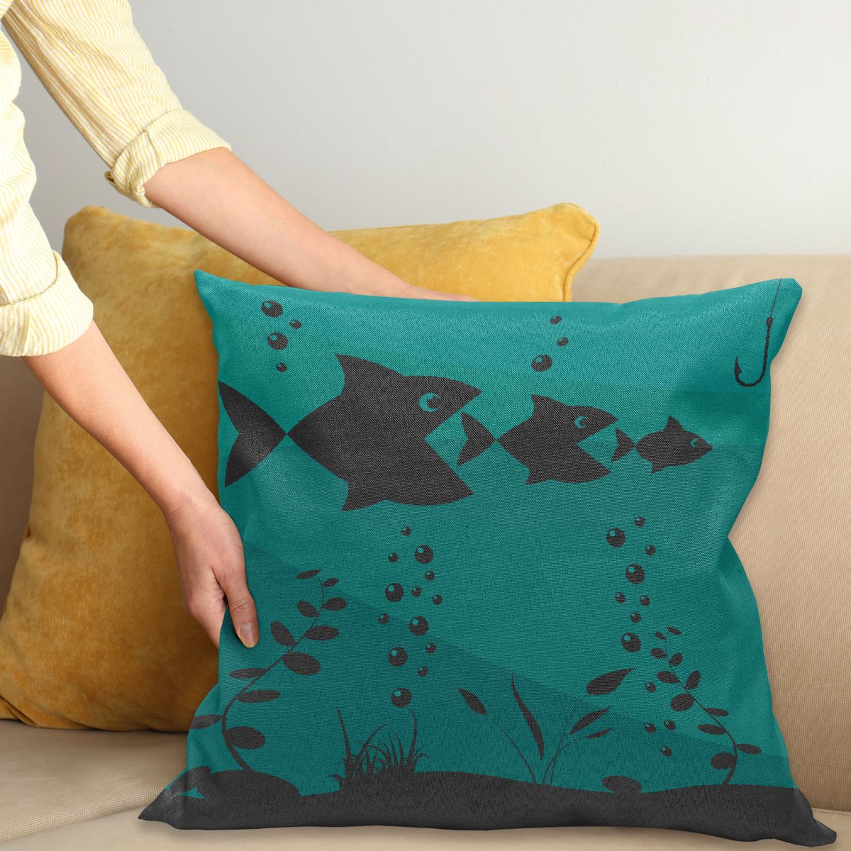 ABAKUHAUS Fishing Sierkussenhoes, Compositie van Open Mouth Prehistorics in de Zee Nautisch Humorous Oceaan Illustratie Print, Decoratieve Vierkante Sierkussenhoes, 45 x 45 cm, Zwart Teal