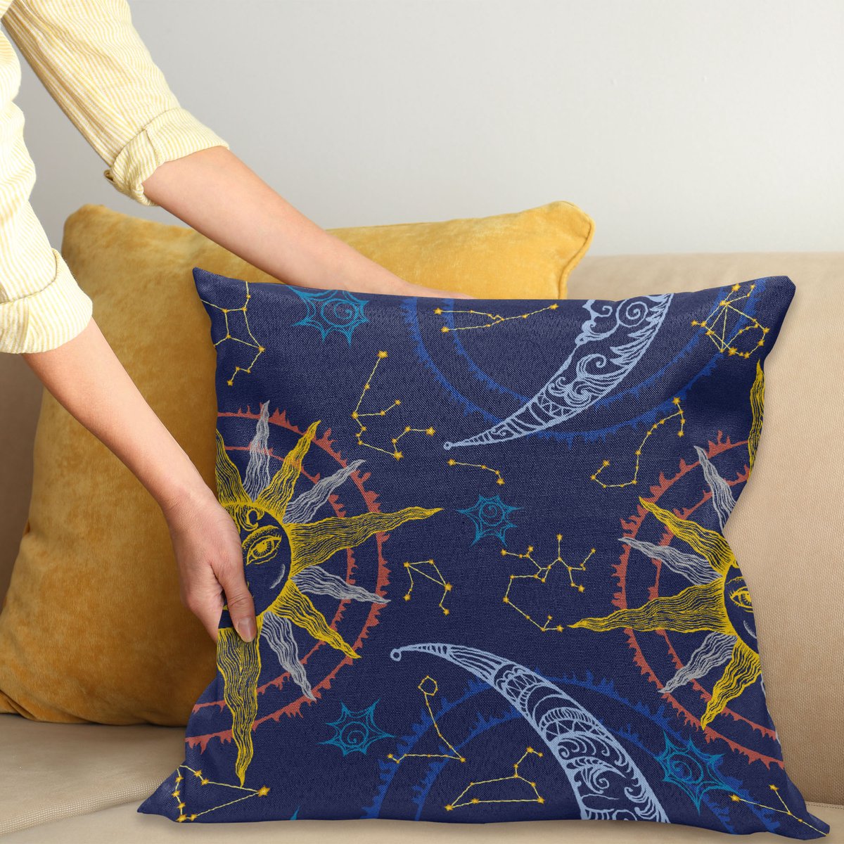 ABAKUHAUS Zodiac Sierkussenhoes, Zon en Crescent Maan en Forms Angles Planetary Orientation Astrology Boho Afbeelding, Decoratieve Vierkante Sierkussenhoes, 45 x 45 cm, Royal Blauw