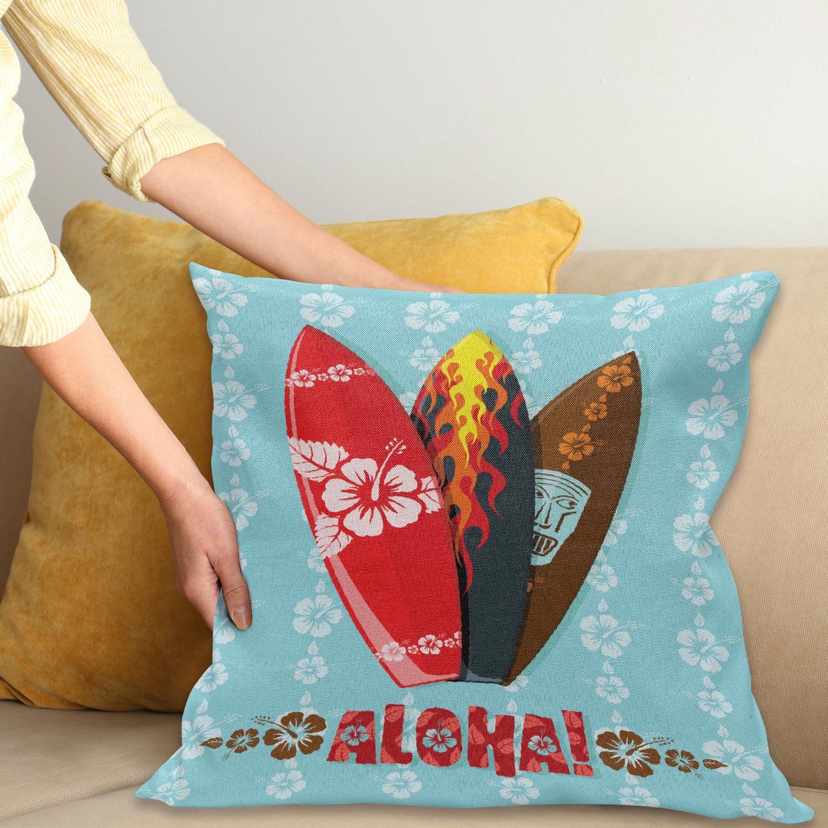 ABAKUHAUS Surf Sierkussenhoes, Illustratie van Modern Aloha Surfboards Hibiscus Tribal Extreme Sport Printed, Decoratieve Vierkante Sierkussenhoes, 40 x 40 cm, Meerkleurig