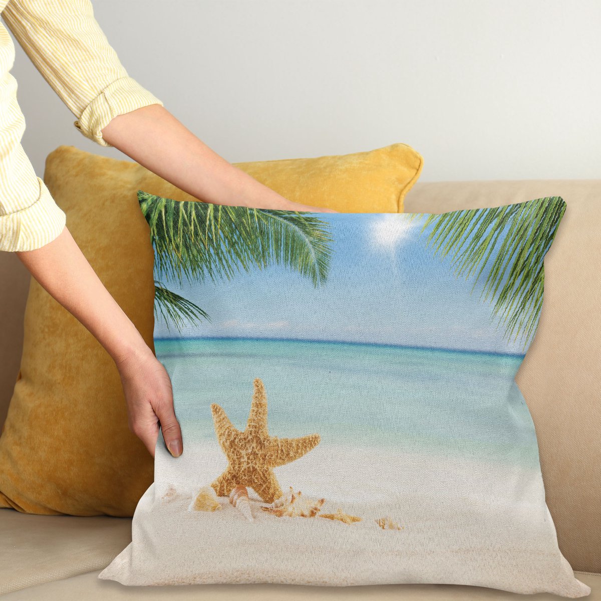 ABAKUHAUS Oceaan Sierkussenhoes, Grafisch van Zomer Sandy Strand met Majestic Starfish op Tropisch Hawaiian Strand, Decoratieve Vierkante Sierkussenhoes, 45 x 45 cm, Crème Groen