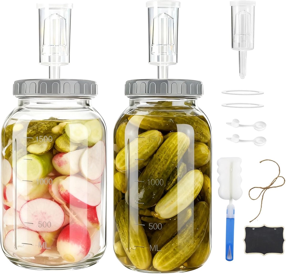2 liter fermenteerglas met luchtluis, 2 stuks fermentatieglas, brede mond, fermentatieglazen, fermentatieglazen, kimchi-container, fermenteren, starterset voor Kimchi, zuurdesem, zuurdeeg