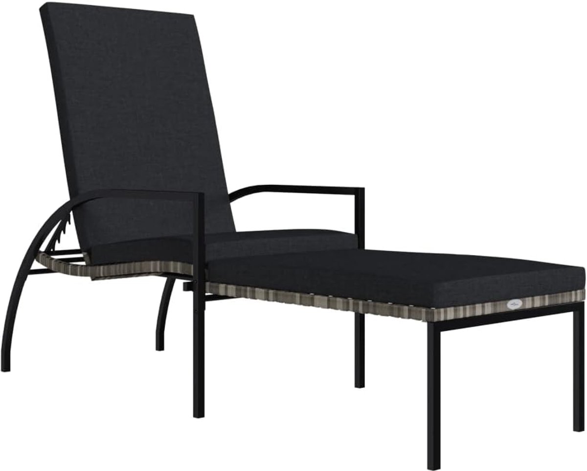 Zonneligstoel met voetenbank, PE-rotan, grijs, verstelbare rugleuning, stabiel stalen frame, brede armleuningen voor hoog ligcomfort in de tuin of op het terras