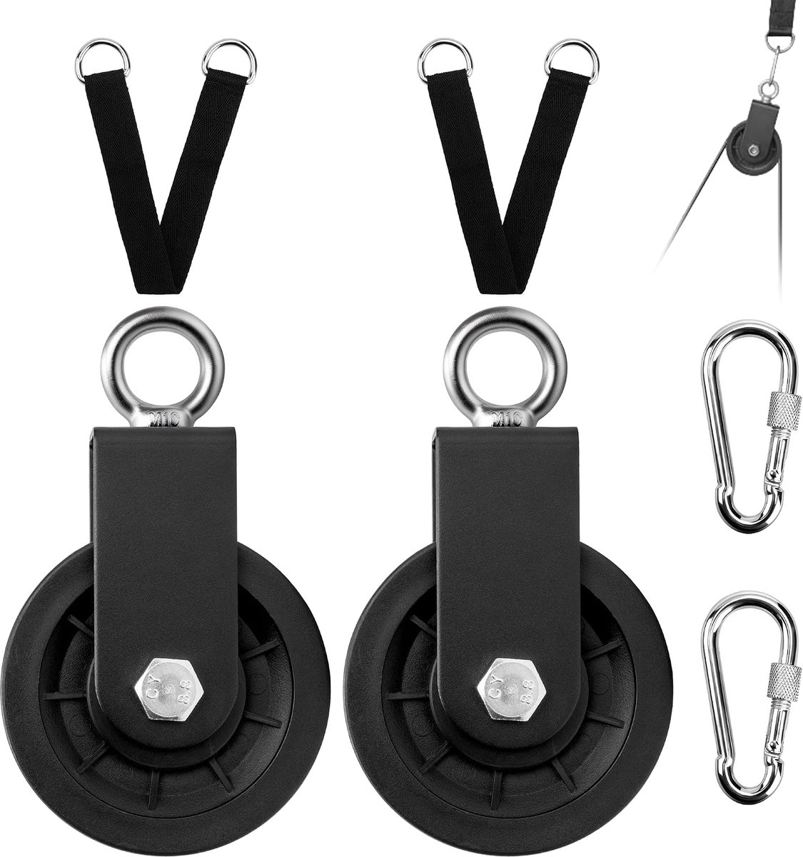 2 Set 88 mm Nylon Katrol voor Touwen,Draagkracht 150 kg,Katrolblok van Staalkabel met U-beugel Ophangriem Karabijnhaak,Universele Fitness Katrollen voor Kabelmachine,Gym,DIY Thuisfitnessapparatuur