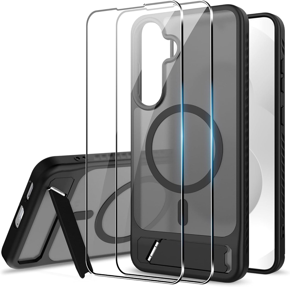 Magnetische beschermhoes voor Samsung Galaxy S25 FE, hoes met MagSafe met gehard glas, beschermfolie van zachte siliconen en mat acryl, zwart