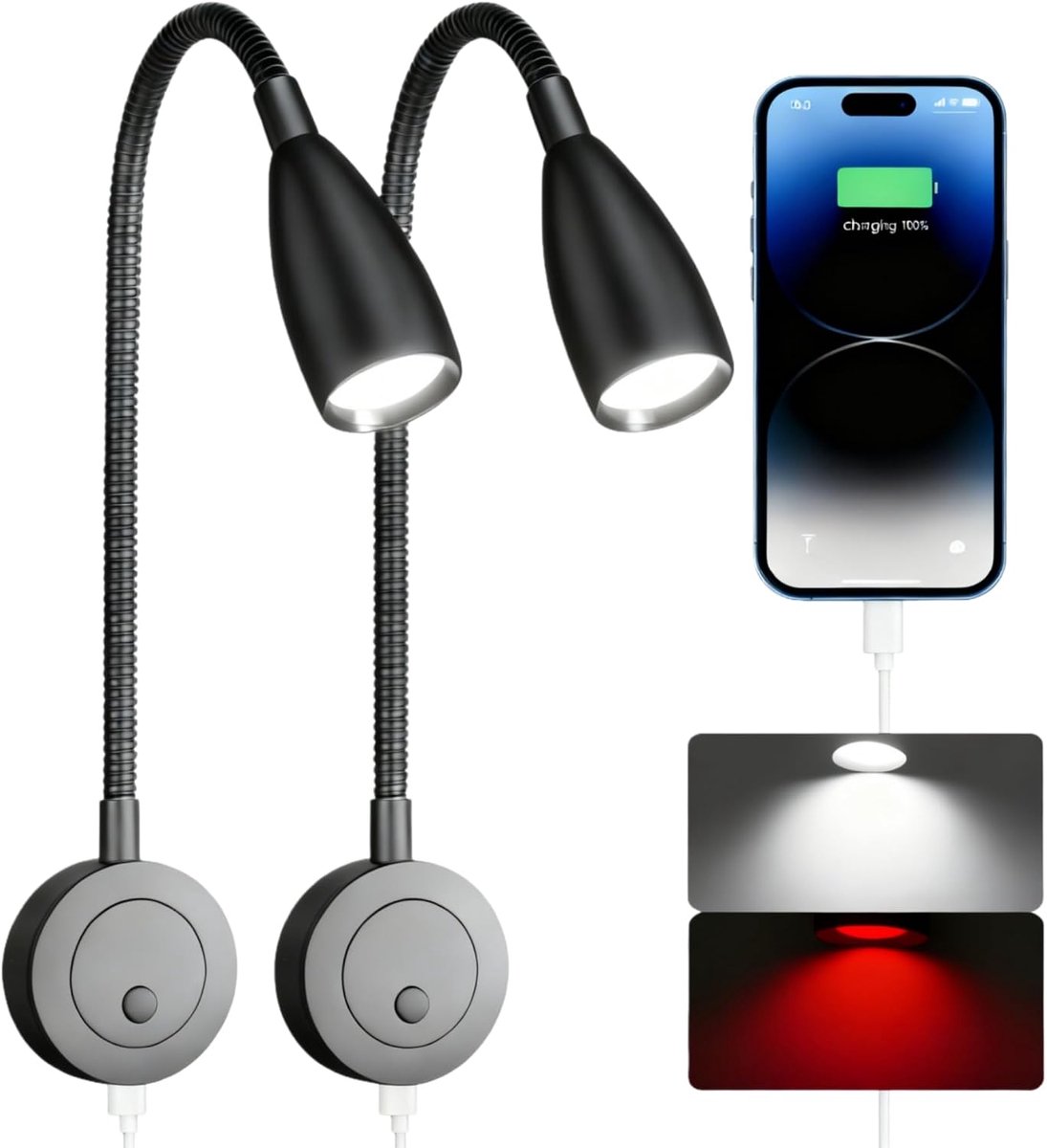 2 stuks led leeslamp camper, flexibel dimbaar, geschikt voor 12V&24V, wandmontage met USB‑C 20 W en rood nachtlicht – voor caravan, boot, jacht, vrachtwagen, combi enz. (zwart, 4000 K)
