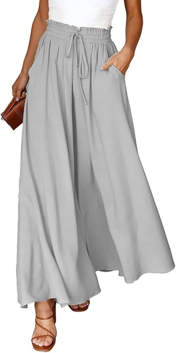 Palazzo Damesbroek, zomer, licht, casual, wijde broek, vrijetijdsbroek, elegant, effen, marlenebroek, brede pijpen, broek met hoge taille, elastische zakken, trekkoord