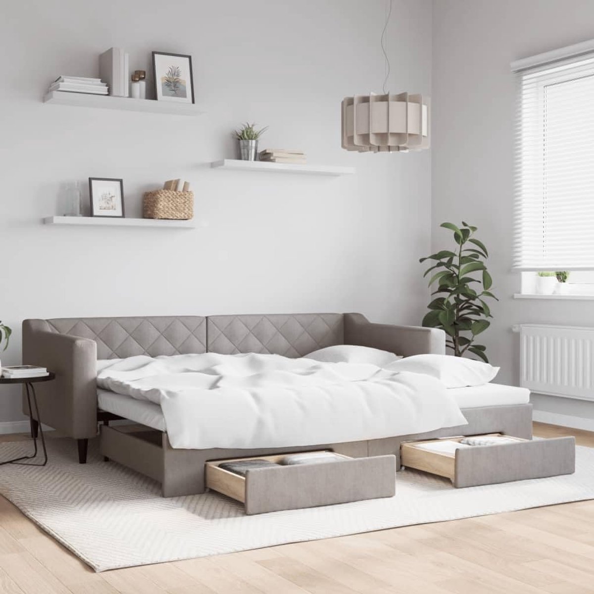 2 in 1 stoffen slaapbank met opberglades voor gasten 90x200 cm taupe