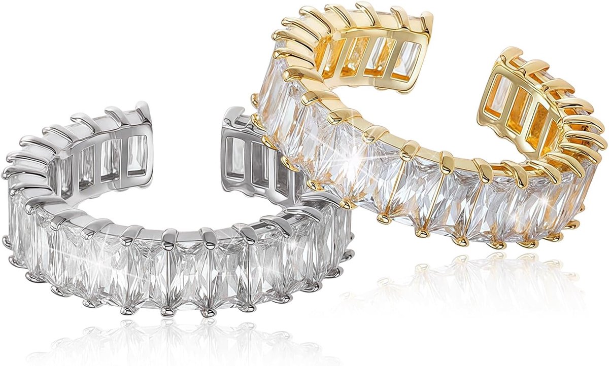 Ring, open ring met verstelbare grootte, glanzende rechthoekige steen, 2 stuks, zilvergoud, voor dames en meisjes