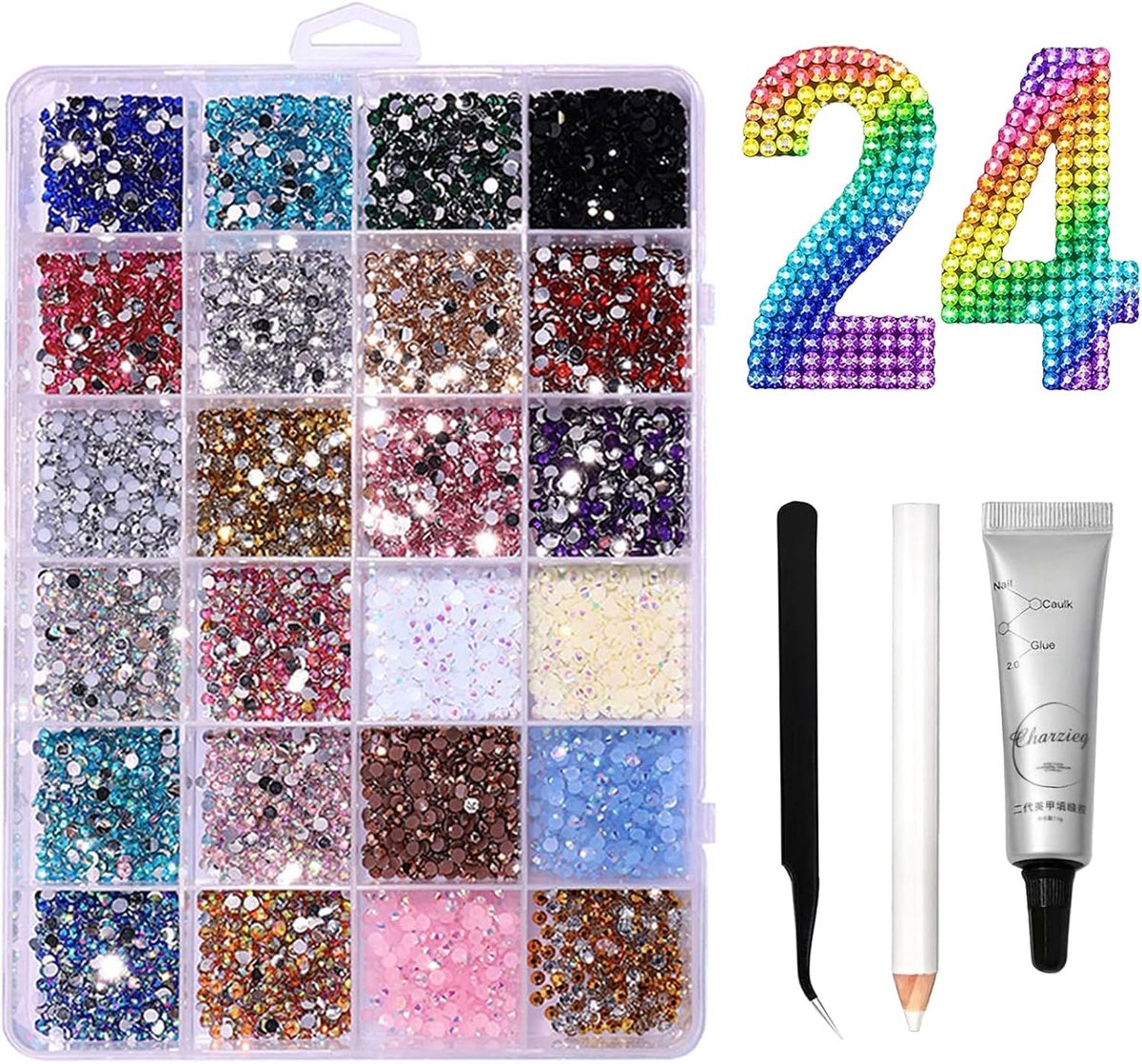 Kit, 24 kleuren, 3 mm, 3500 stuks diamanten voor nagels