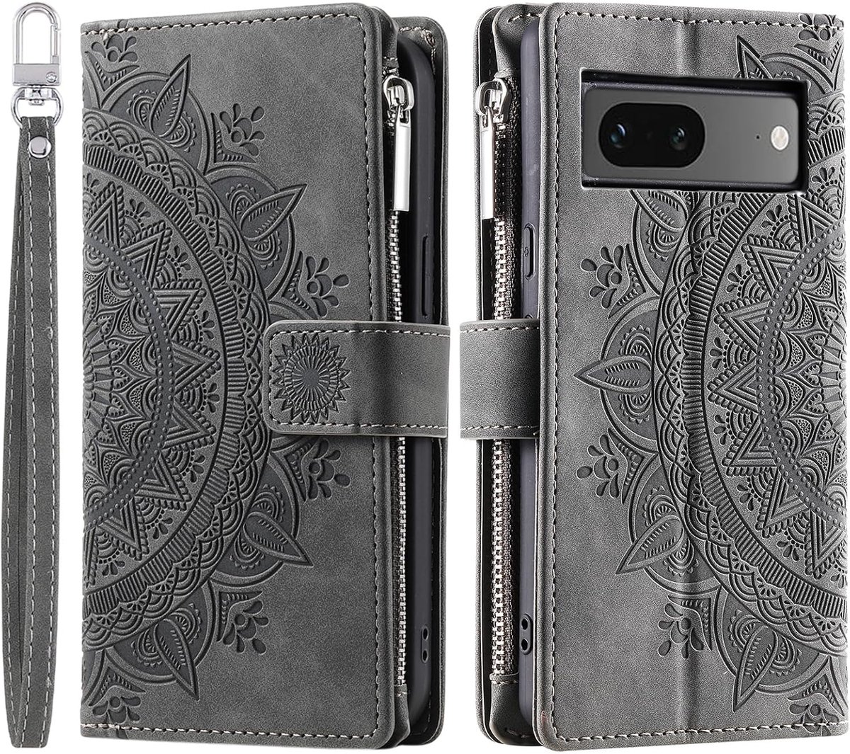 Hoes voor mobiele telefoon voor Google Pixel 7, klapbare bloemen, telefoonhoes, beschermhoes, klaphoes met kaartenvak, mobiele telefoon, cover, flip case, standaard, grijs