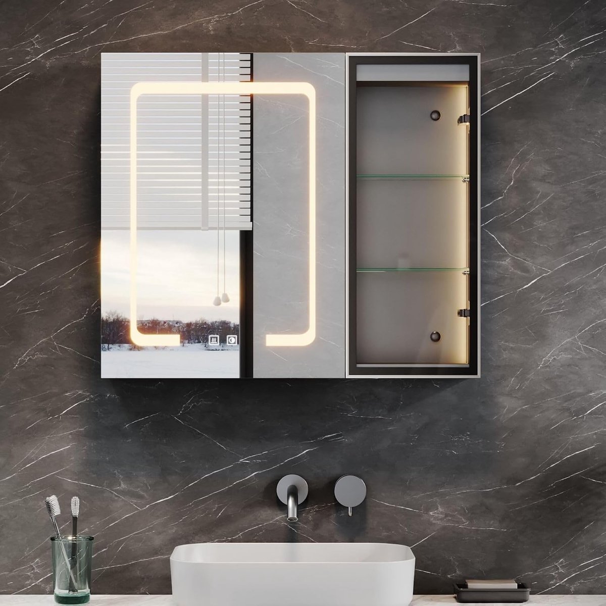 Spiegelkast badkamer 60x70cm met verlichting en glazen plank grijs