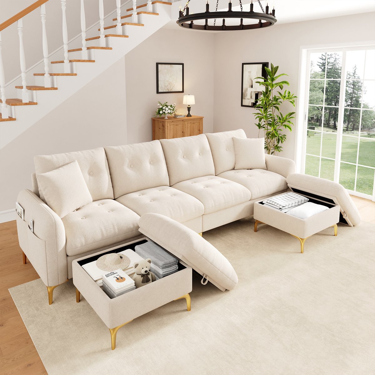 Moderne Hoekbank, U-Bank, 4-Zits Bank, 4-zits U-vormige modulaire slaapbank met 2 opbergkrukken en 2 sierkussens, totale afmetingen 263×137×85 cm, Beige