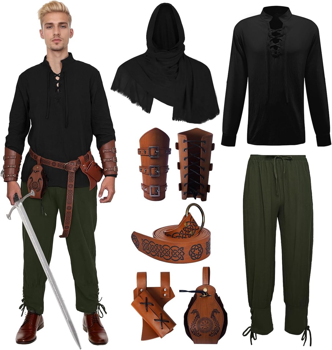renaissance-kostuum voor heren, Viking-kostuum, veterhemd, herenbroek met accessoires, Halloween-kostuum voor cosplay, maskerade, tovenaar