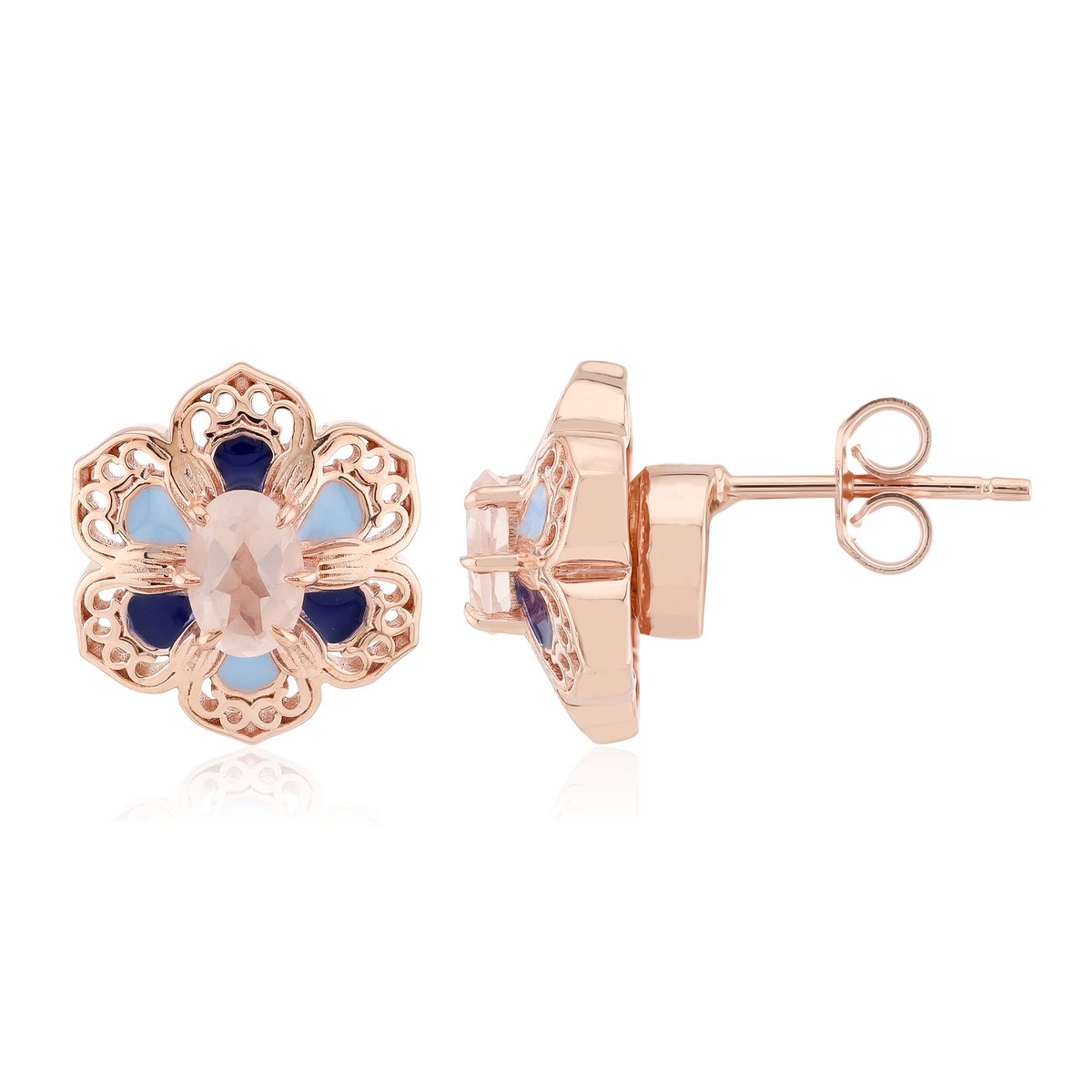 Cavill - Zilveren Oorbellen 925 Sterling met 0,77ct Ovale Rozenkwarts - Roségoud Afwerking - Elegant Bloemmotief - Natuurlijke Sieraden