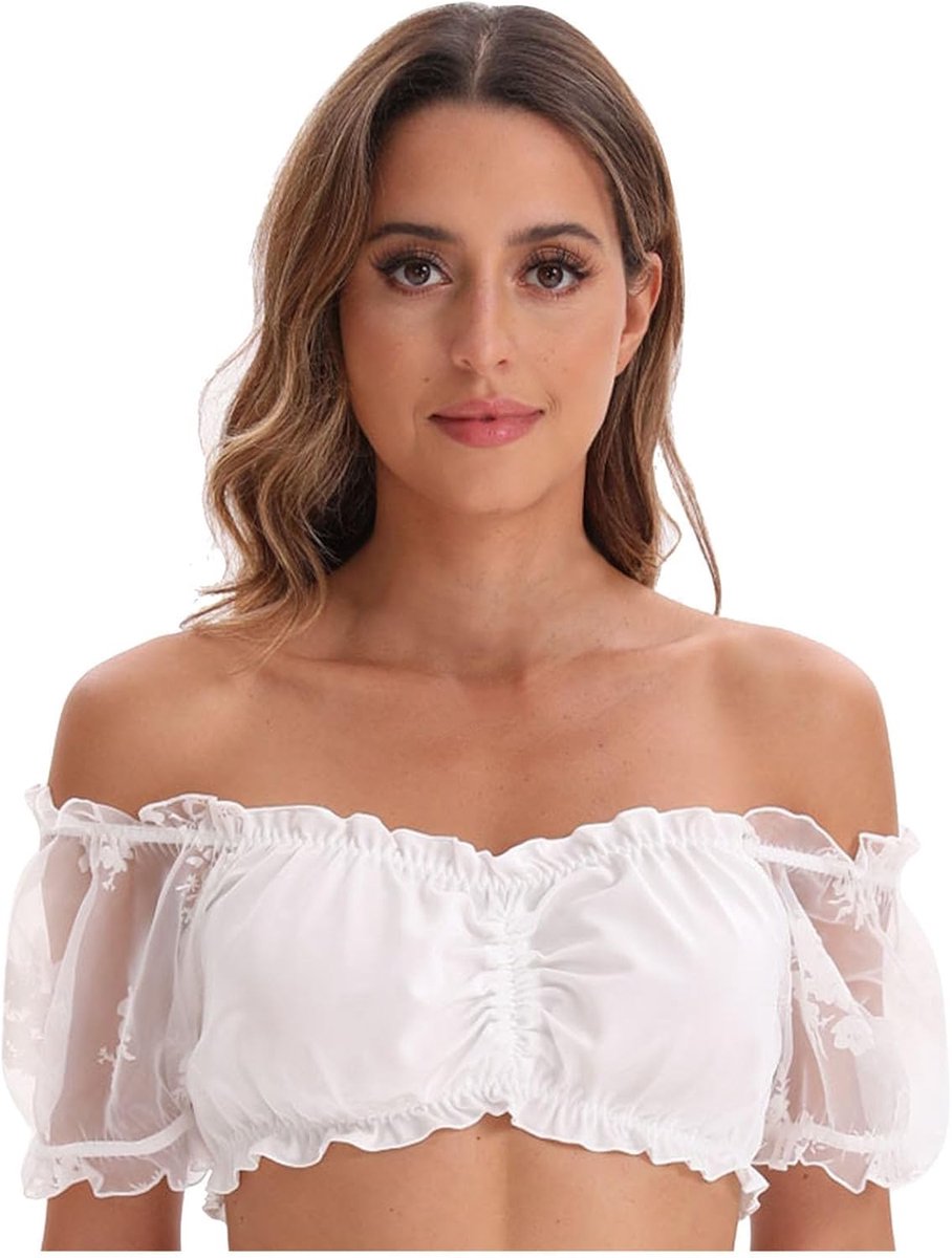 Zwarte, korte, spitse blouse met koord, korte mouwen en V-hals