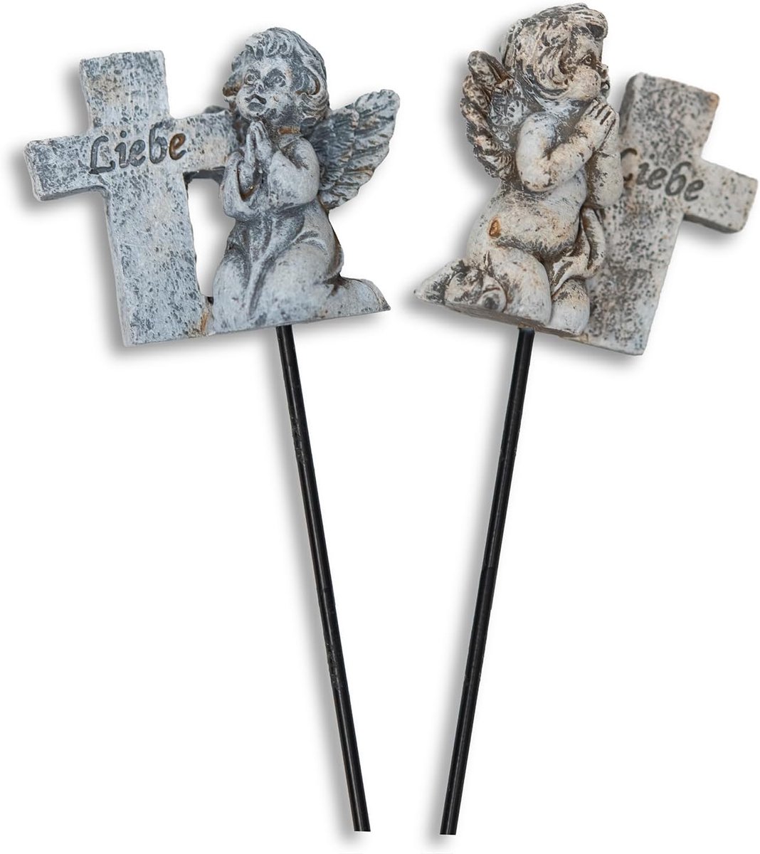 Bedrouwsteker engel met kruis van polyresin set van 2 gesorteerd in grijs-antiek ca. 7 x 4 x 17 cm grafdecoratie herdenking rouwdecoratie grafsteker