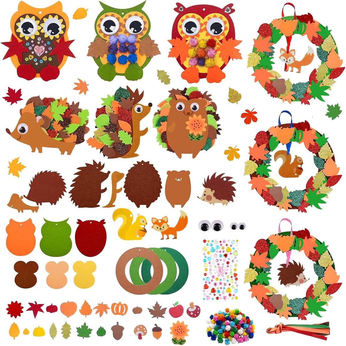 herfstknutselset voor kinderen, 9 stuks, knutselset, herfst, doe-het-zelf, met uil, egelkransen, creatieve set, herfstdecoratie, knutselen vanaf 3, 4, 5, 6 jaar, voor jongens en meisjes
