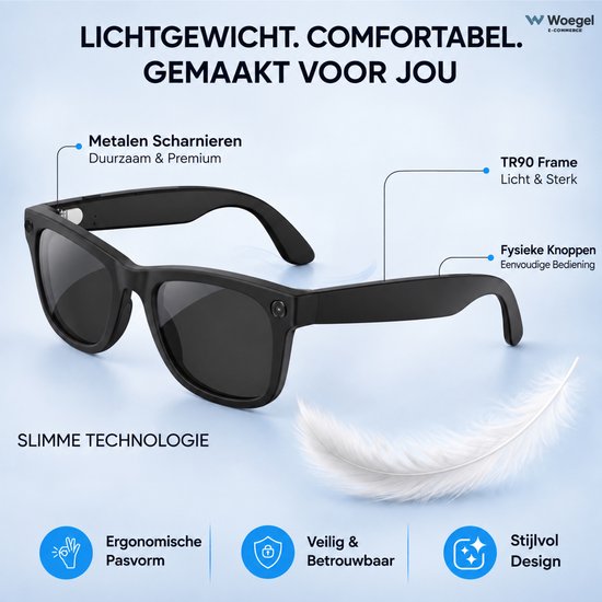 Woegel AI Smart Glasses met Camera – Smart Bril 8MP – AI Slimme Zonnebril – Spycam – AI-assistent met ChatGPT & Vertaling – Inc. Oplaadhoes – 2 sets glazen – Bluetooth, WiFi & App – Zwart — afbeelding 4