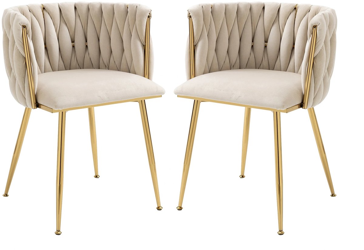 VILIMA - Eetkamerstoelen - Stoelen - Set van 2 stuks - Beige stoelen - Luxe design - Goud metalen poten - Fluweel - Comfortabel