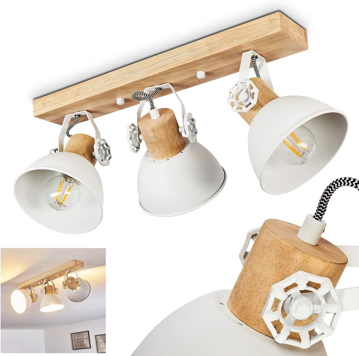 Plafondlamp Orny, plafondlamp van metaal/hout in wit/bruin, 3 lampen, met verstelbare spots, 3 x E27-fitting, spot in retro/vintage design, zonder gloeilampen