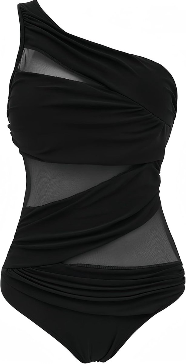 Plus Dames Figuurvormend Netachtig Asymmetrisch Badpak Effen Kleuren Mesh Hooggesloten Netstof Een Stuk Badmode Grote Maten