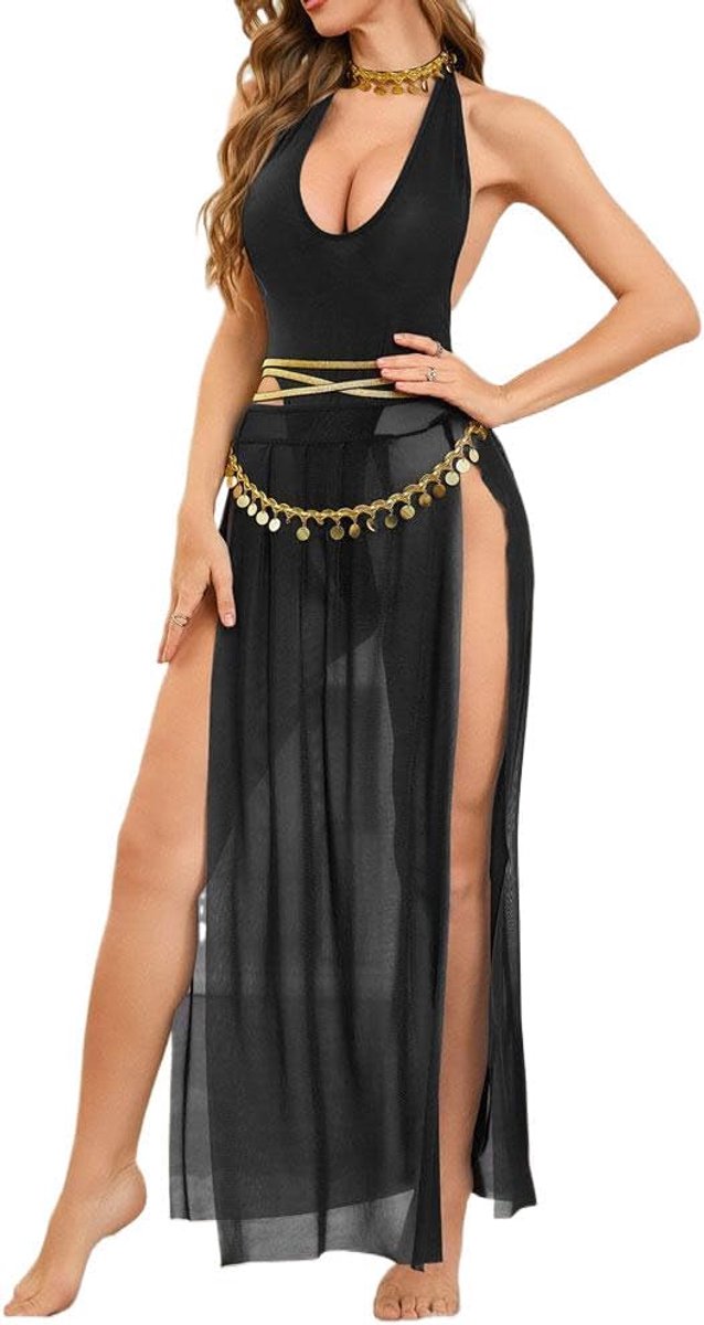 Babydoll Dames Halter Jurk Met Open Rug en Doorschijnende Mesh Lange Split Jurk Nachtmode Lingerie Verleidelijke Slaapjurk (XL)