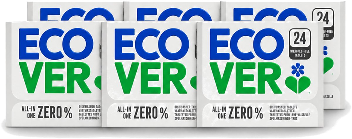 6 x Ecover - Vaatwastabletten All-in-One Zero% - 24 Tabs - Voordeelverpakking - 6 stuks