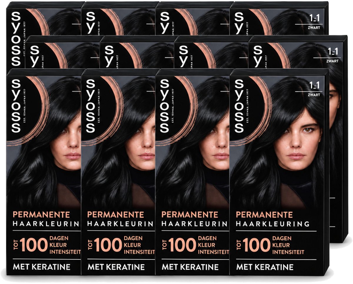 12 x SYOSS - Coloration 1-1 Zwart - Haarverf - Grijsdekking - Vermindert Haarbreuk - Voordeelverpakking - 12 stuks