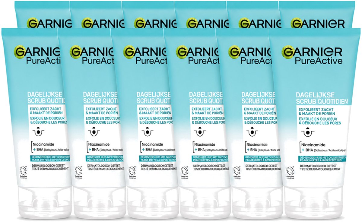 12 x Garnier - Pure Active - Dagelijkse Scrub - Niacinamide & BHA - Exfolieert & Reinigt Poriën - 150 ml - Voordeelverpakking - 12 stuks