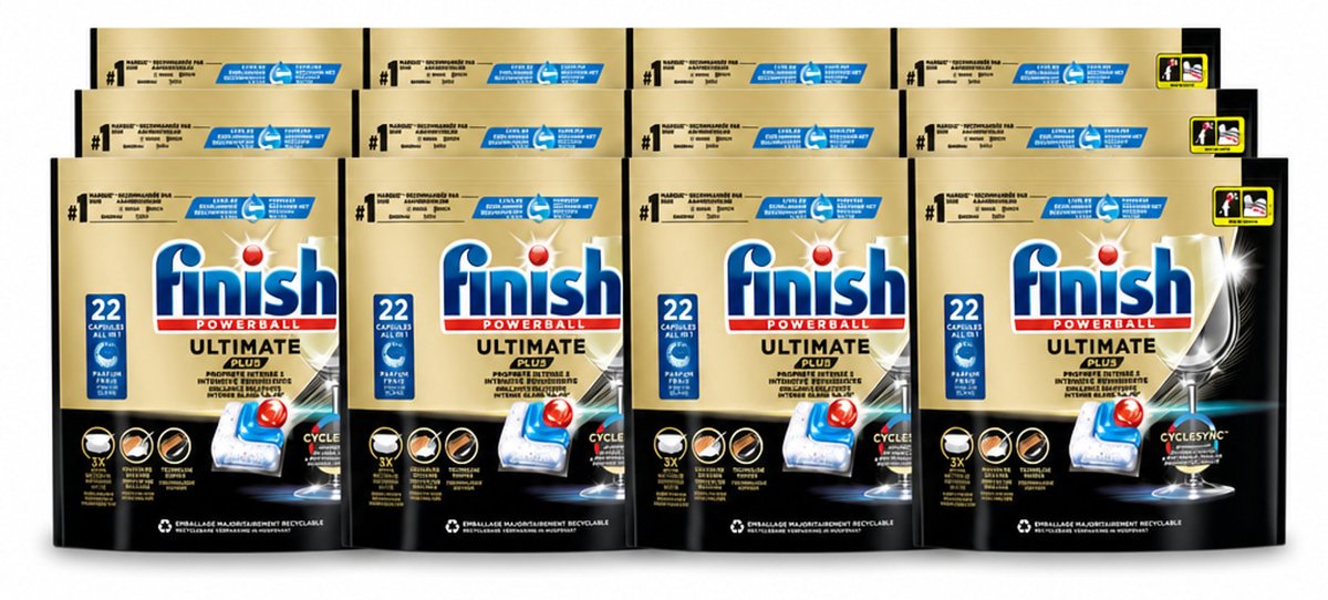 12 x Finish - Vaatwasmiddel - Ultimate Plus Vaatwastabletten Regular - Krachtige Alles-in-1 Reiniging - 22 capsules - Voordeelverpakking - 12 stuks