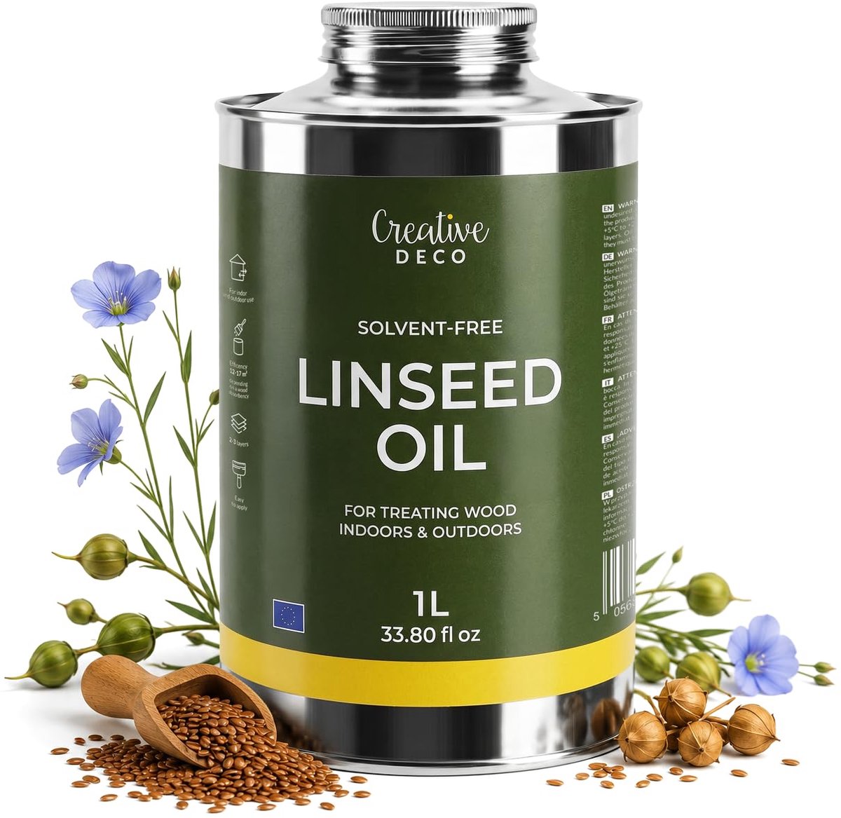 Creative Deco Lijnolieverf 1000 ml Lijnolie voor hout, Houtolie voor binnen en buiten, kleurloos, Houtbescherming voor meubels, deuren, hekken, Vernis Houtverzorgingsolie