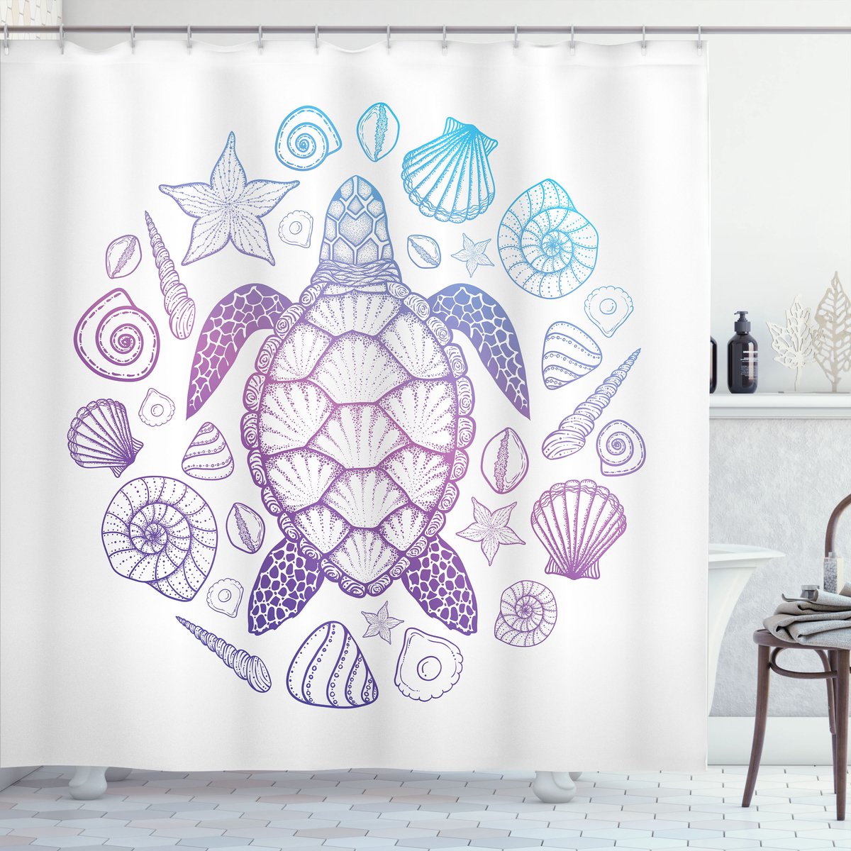 ABAKUHAUS Schildkröte Douchegordijn, Kleurrijke Meerestiere, Stoffen Badkamerdecoratieset met Haken, 175 x 180 cm, Violet Aqua Roze