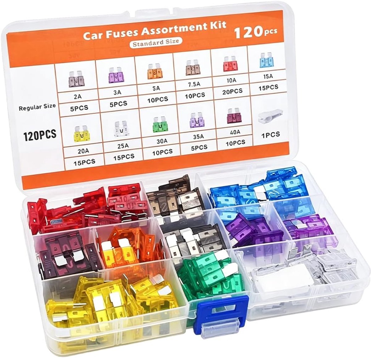Set van 120 standaard zekeringen, assortiment 2A-40A met pincet, middelgrote platte zekeringen, voor auto, vrachtwagen en motorfiets