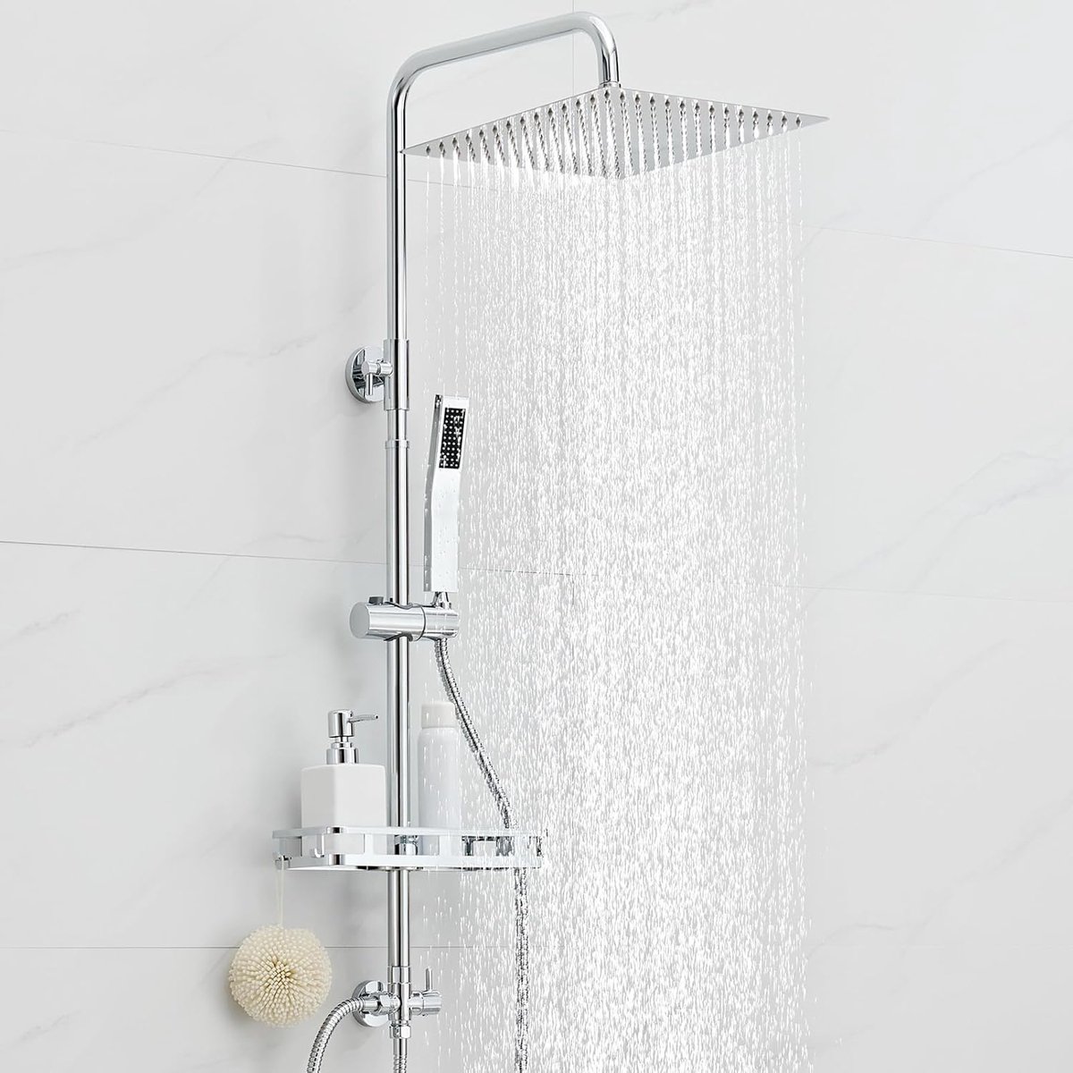 Douchekolom zonder mengkraan, douchekop van roestvrij staal met doucheplank, douchekop 30 cm x 30 cm en douchestang in hoogte verstelbaar 72-110 cm, douchestang met douchekop en handdouche