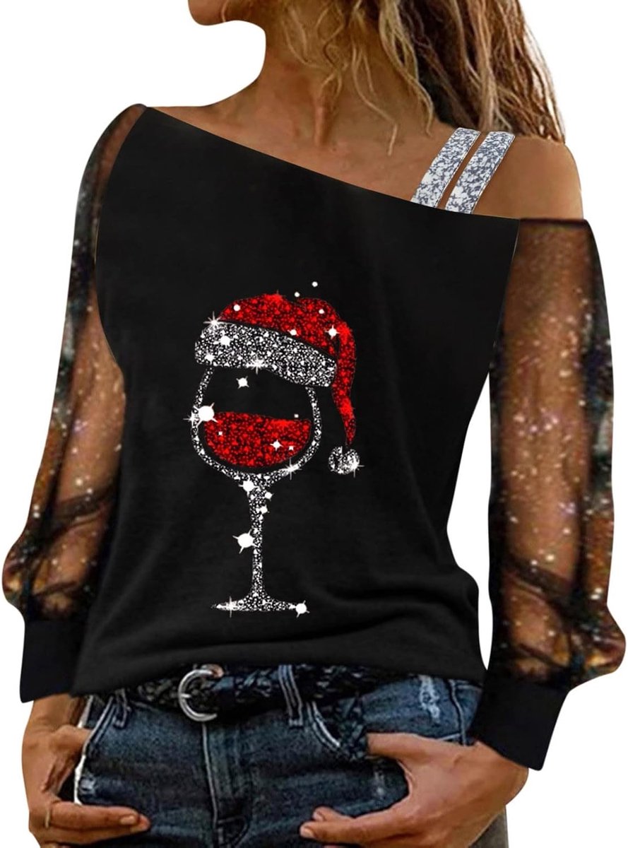 Weihnachts Tshirt Damen Sexy Schulterfrei Oberteile Glitzer Langarmshirt Weihnachtspullover Damen Lustig Langarm Shirt Bluse Tops Elegant Weihnachten Pullover Winter Spitze weihnachtshose