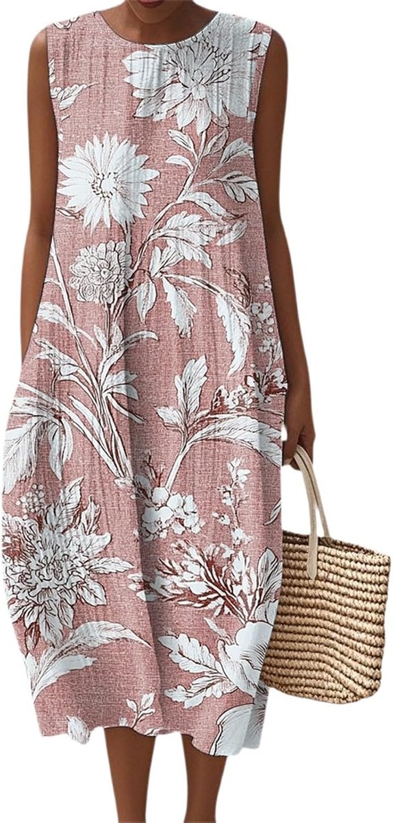 Sommerkleid Damen Elegant Ärmellos Rundhals Musselin Kleid Strandkleid Leicht Und Luftig Leinenkleider Sommer Falten Blumenmuster Kleider Locker Boho Midikleid mit Taschen Blumenkleid Freizeitkleid