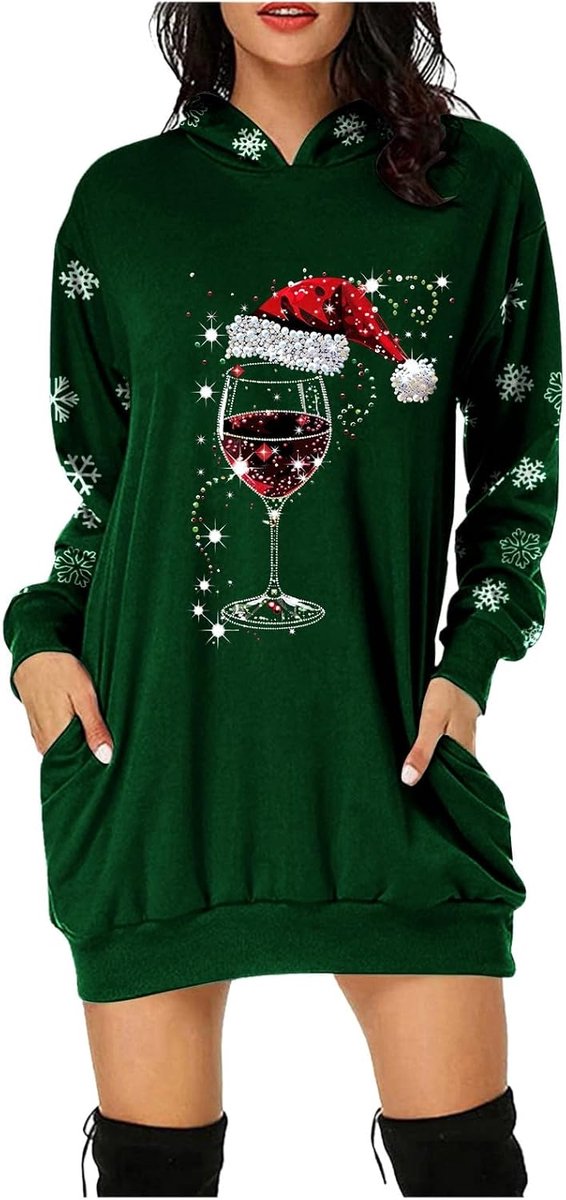 Weihnachtspullover Kleider Damen Rot Weinglas Lang Kapuzenpullover Weihnachten Pullover Sweatshirt Weihnachts Hoodie Lang Baumwolle Sweatkleid Weihnachtskleid Weihnachtspulli Christmas Sweater Frauen