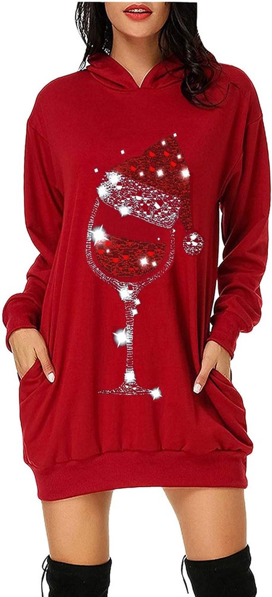 Weihnachtspullover Kleider Damen Rot Weinglas Lang Kapuzenpullover Weihnachten Pullover Sweatshirt Weihnachts Hoodie Lang Baumwolle Sweatkleid Weihnachtskleid Weihnachtspulli Christmas Sweater Frauen